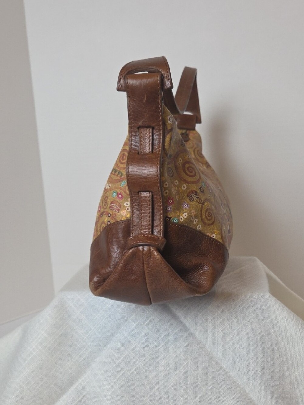 ICON Mustard Yellow Shoulder Bag with Brown Trim and Decorative Print - Picture 3 of 9